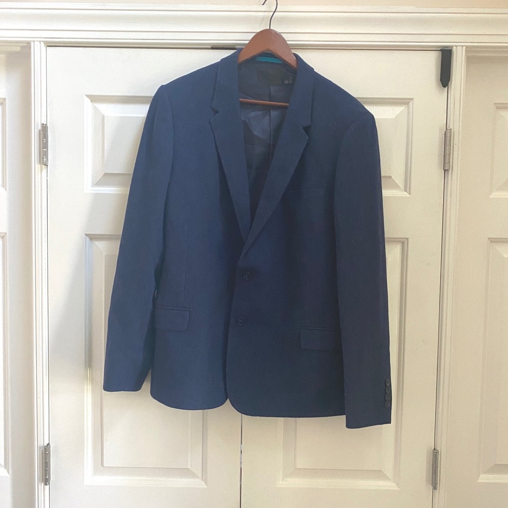 NWOT ASOS Blazer Men 46 Navy Blue Herringbone Wool Blend Regular Plus Event